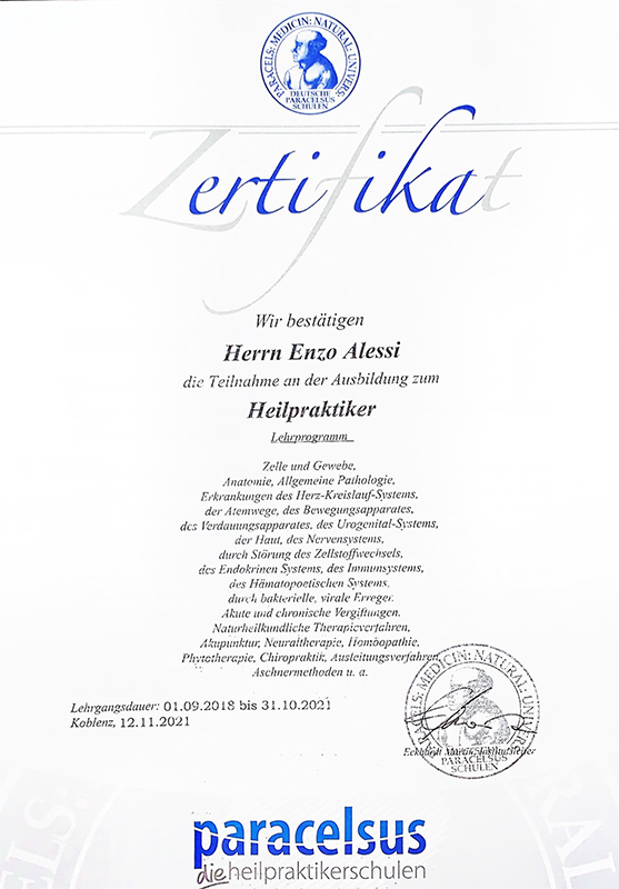 Enzo Alessi - Heilpraktiker für Psychotherapie - Zertifikate & Weiterbildungen